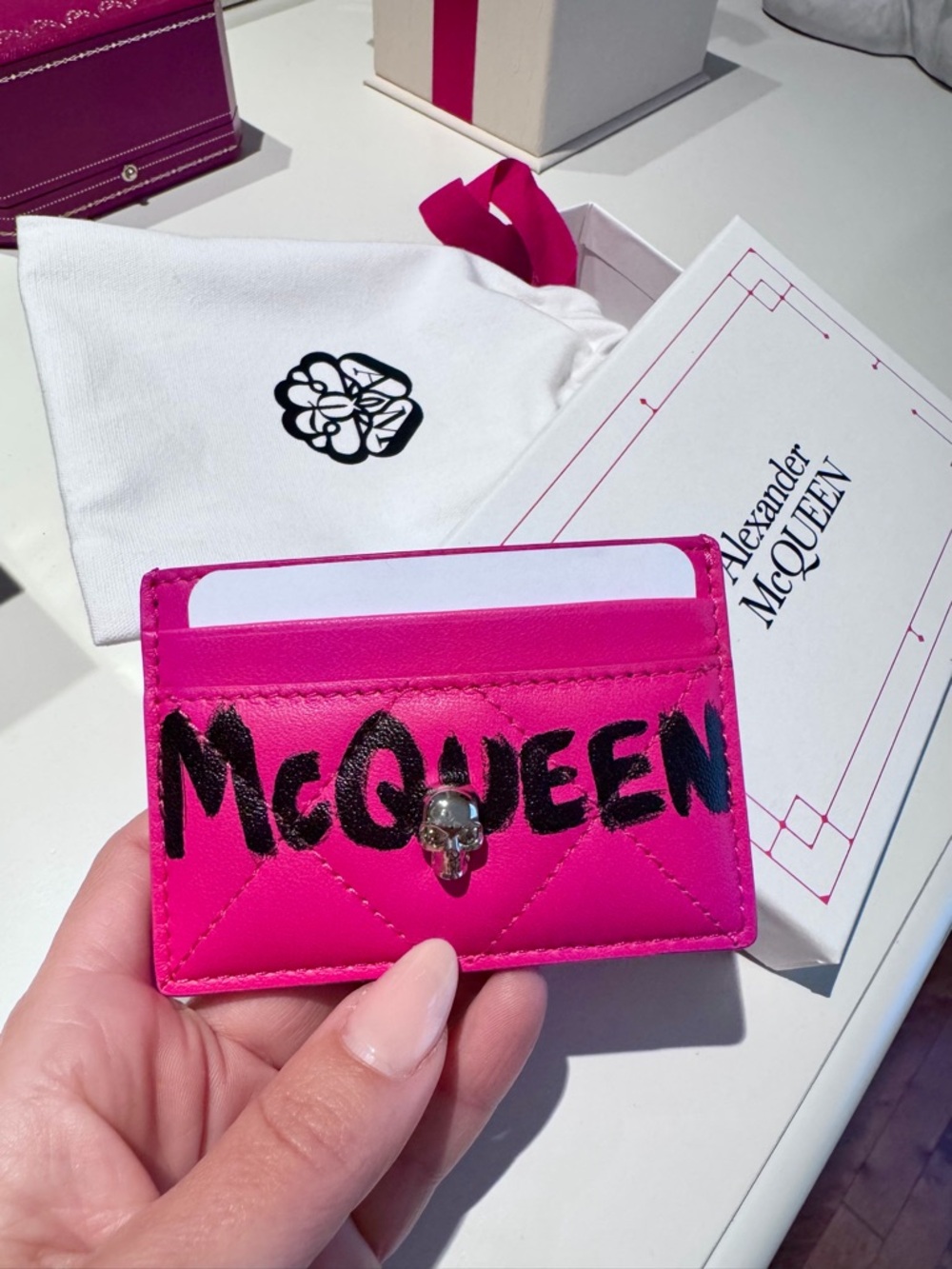 NWB Alexander McQueen Fuchsia Leather Card Holder with Black Graffiti and Skull